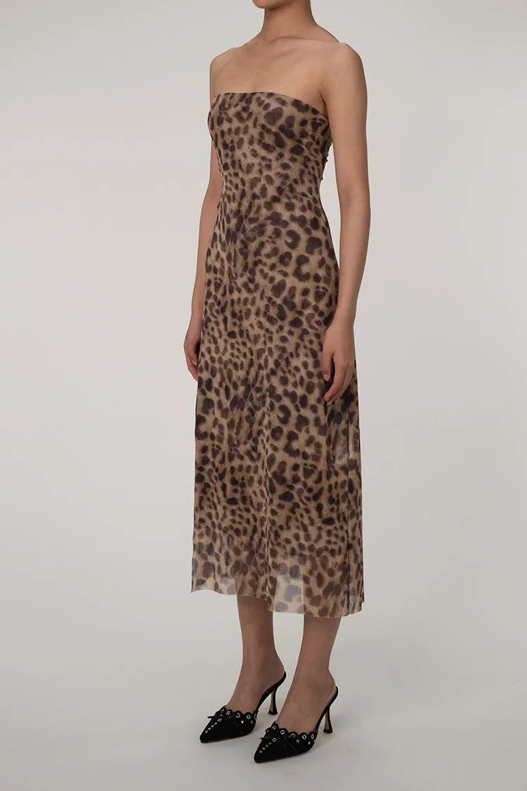 Vintage Leopard Print Strapless Split Sheath Mesh Cocktail Party Midi Dress