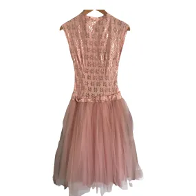 Vintage Sleeveless Tulle Net Cocktail Dress Pink Metallic Silver Floral Print UK Size 6