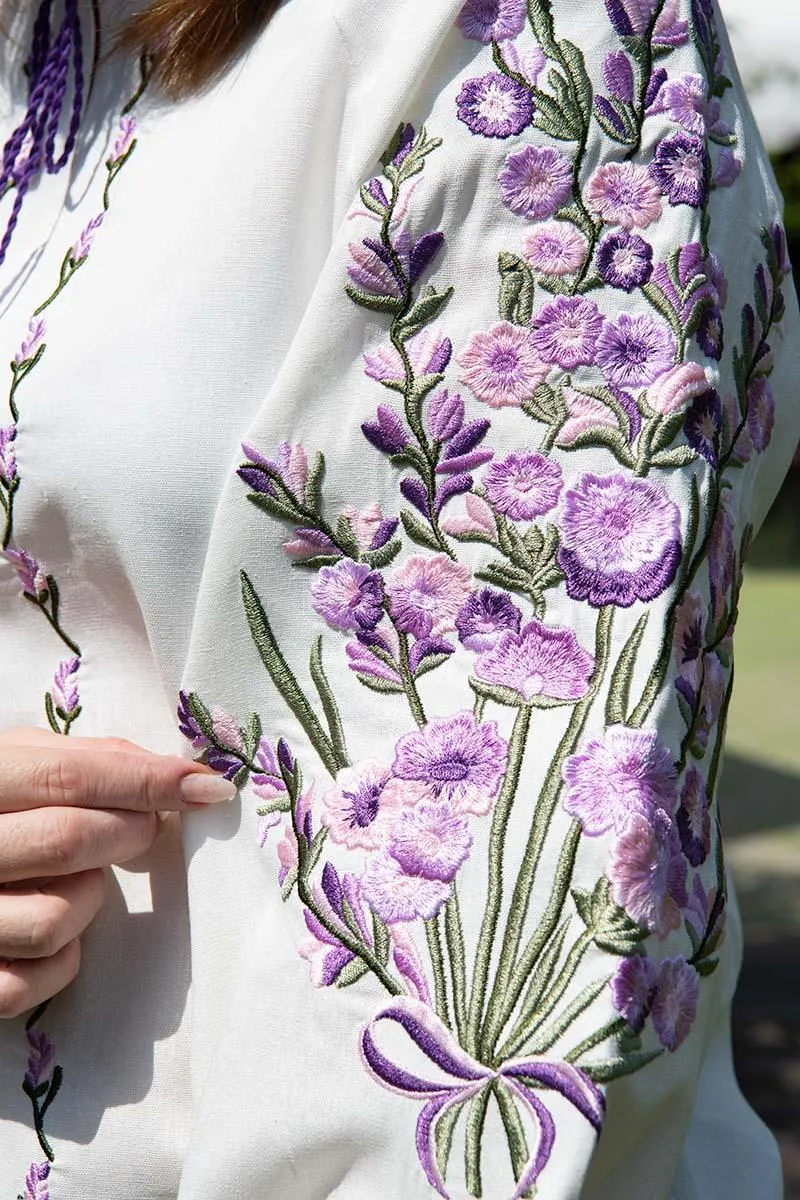 Women's linen blouse with incredible lavender-purple-lilac embroidery