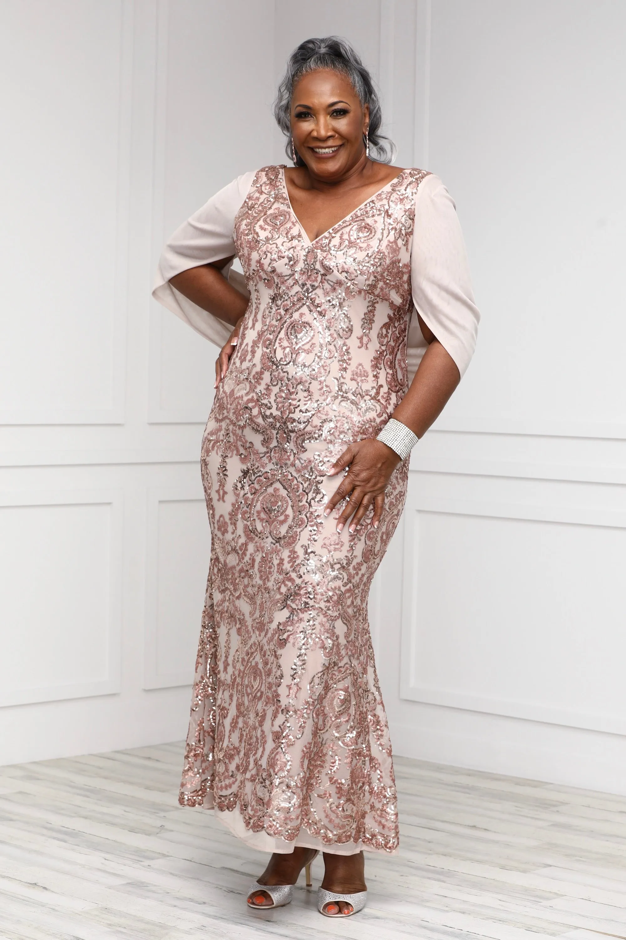 Women's Plus Size Long Beaded Sheer Wrap Gown - Mother of the Bride Dress