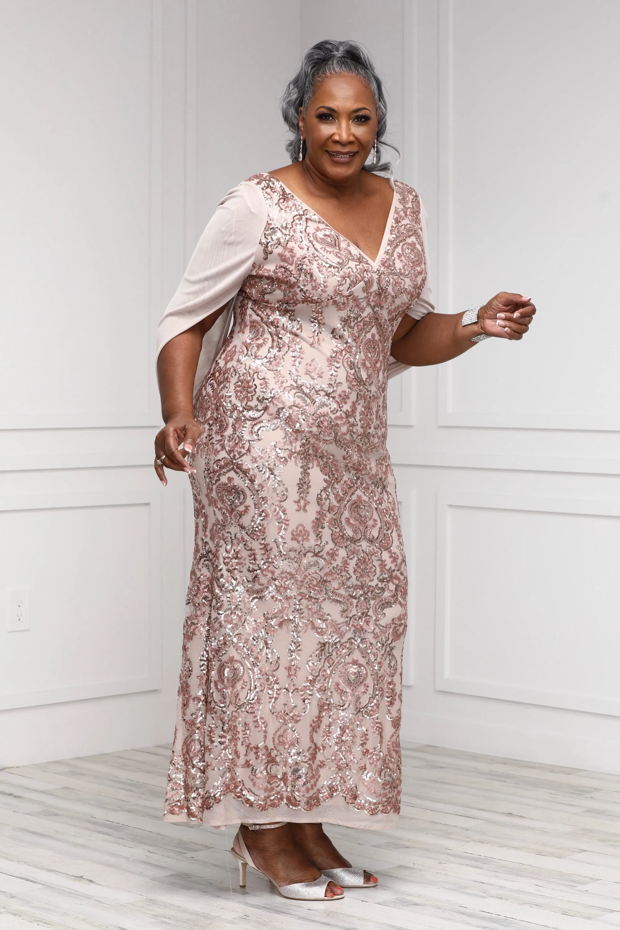 Women's Plus Size Long Beaded Sheer Wrap Gown - Mother of the Bride Dress