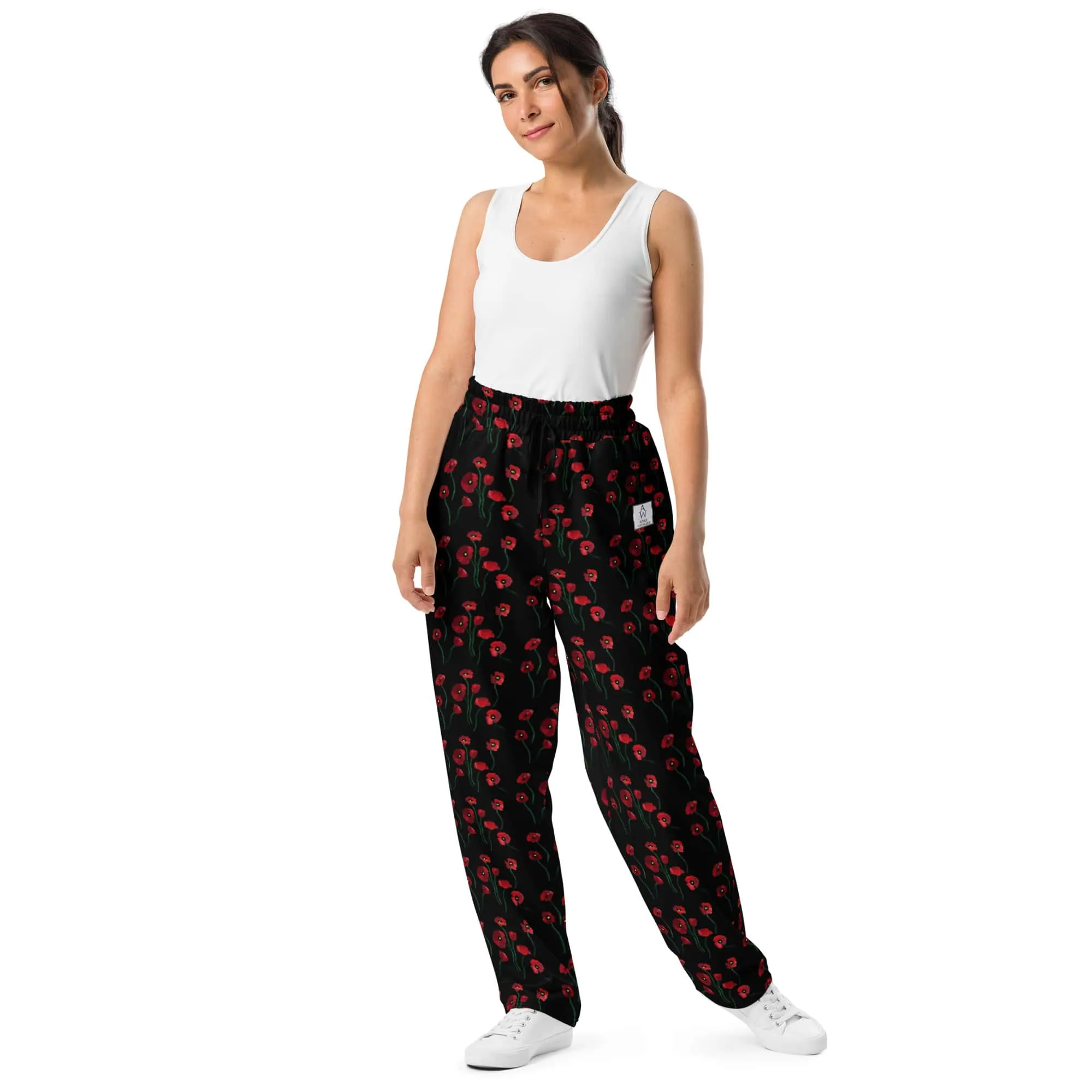 Women's Recycled Polyester Wide-Leg Joggers with Poppy Flowers